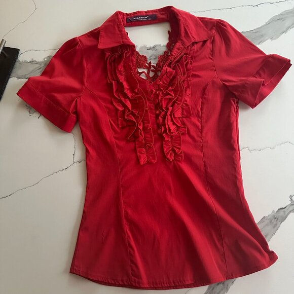 Kularium | Blouse | Small | Red | Ruffled Dress Shirt Top, Slight Stretch - Picture 2 of 9